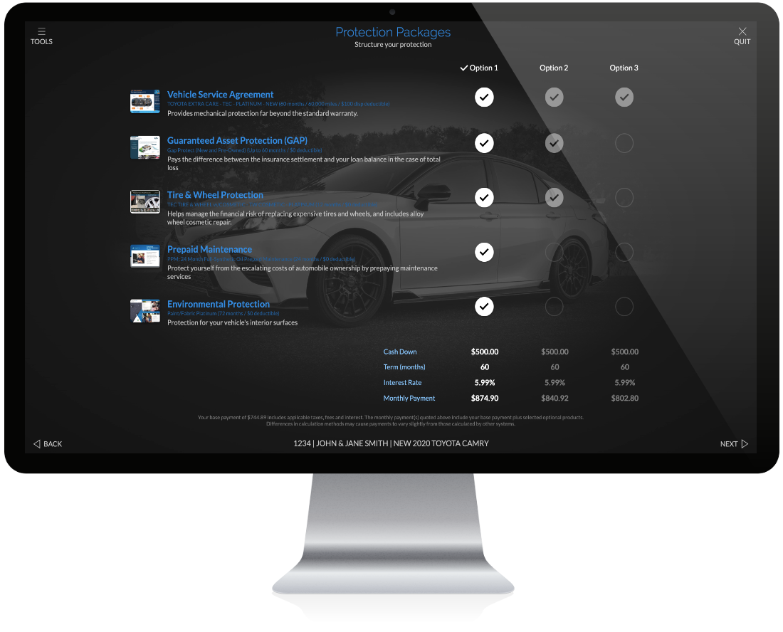 ImpactMenu packages screen in dark mode can be fully customized with your theme, color, and logo. Edmunds VIN decoding service displays the purchased vehicle as a watermark background.