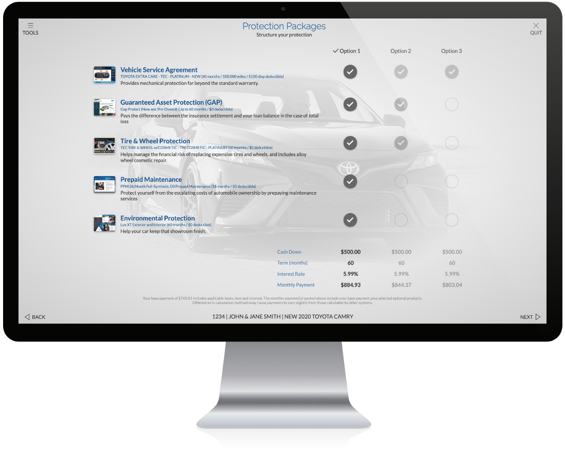 ImpactMenu packages screen with up to four package options each with separate term, rate, and cash down.